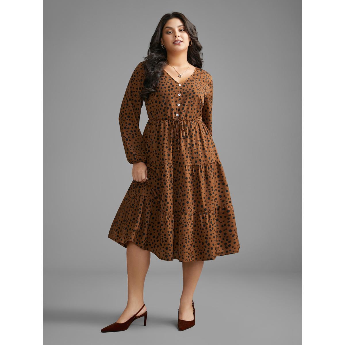 Plus Size Leopard Print Tie Knot Ruffle Layered Hem Dress Browncoffeecolor Women Elegant Tie knot V-neck Long Sleeve Curvy BloomChic 12/L Product Image