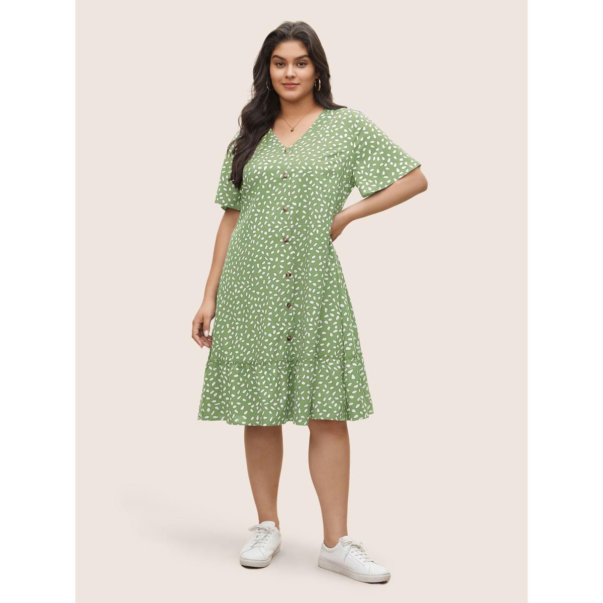Plus Size Polka Dot Button Detail Flutter Layered Hem Dress Mint Women Casual Non V-neck Short sleeve Curvy Midi Dress BloomChic 22-24/3X Product Image