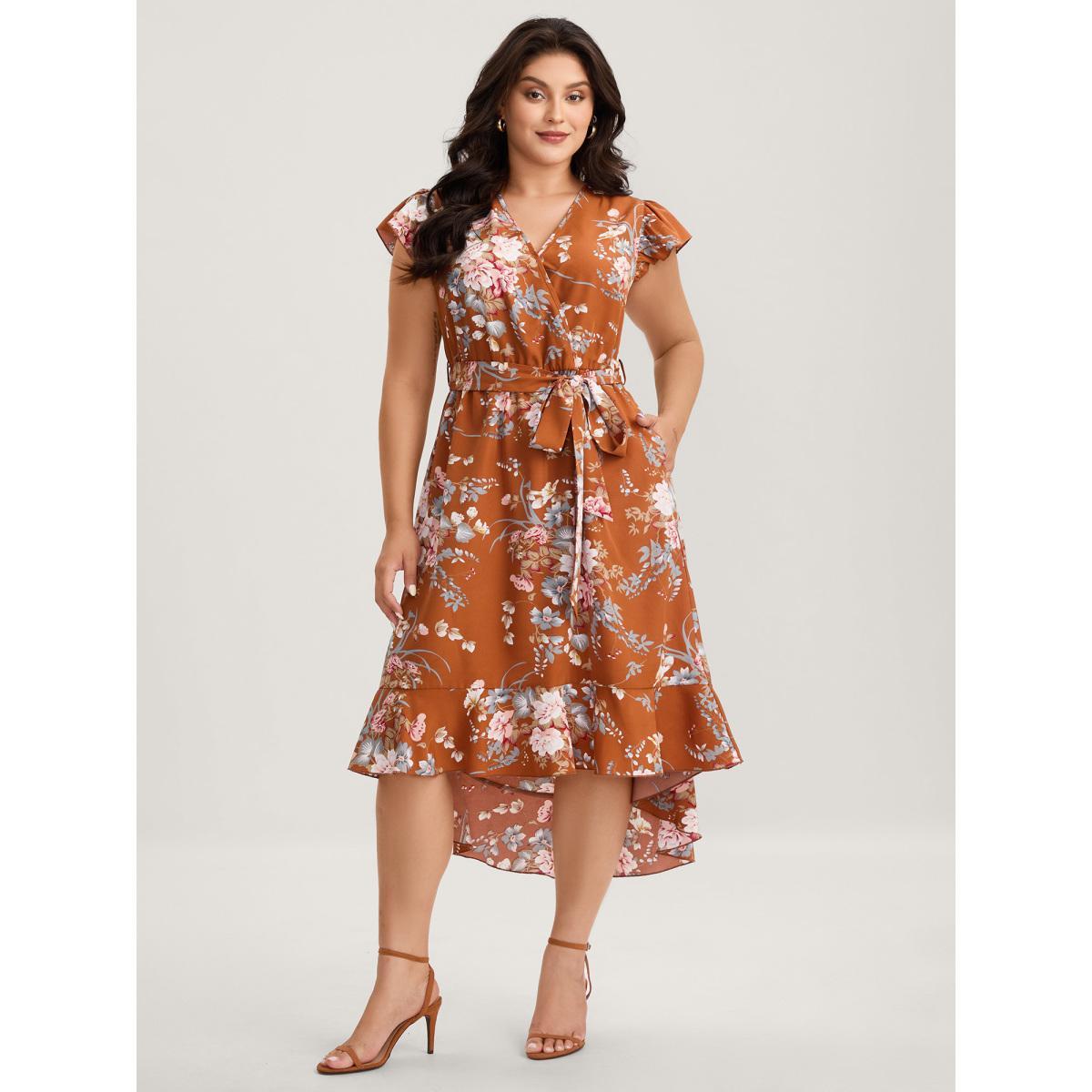Plus Size Midnight Blooms Wrap A-Line Midi Dress Russet Women Overlap Collar Cap Sleeve Curvy BloomChic 28/5X Product Image