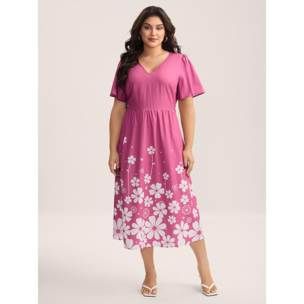 Plus Size V-Neck Floral Print Flared Sleeve Dress Russet Women Elegant Gathered V-neck Short sleeve Curvy BloomChic 12/L Product Image