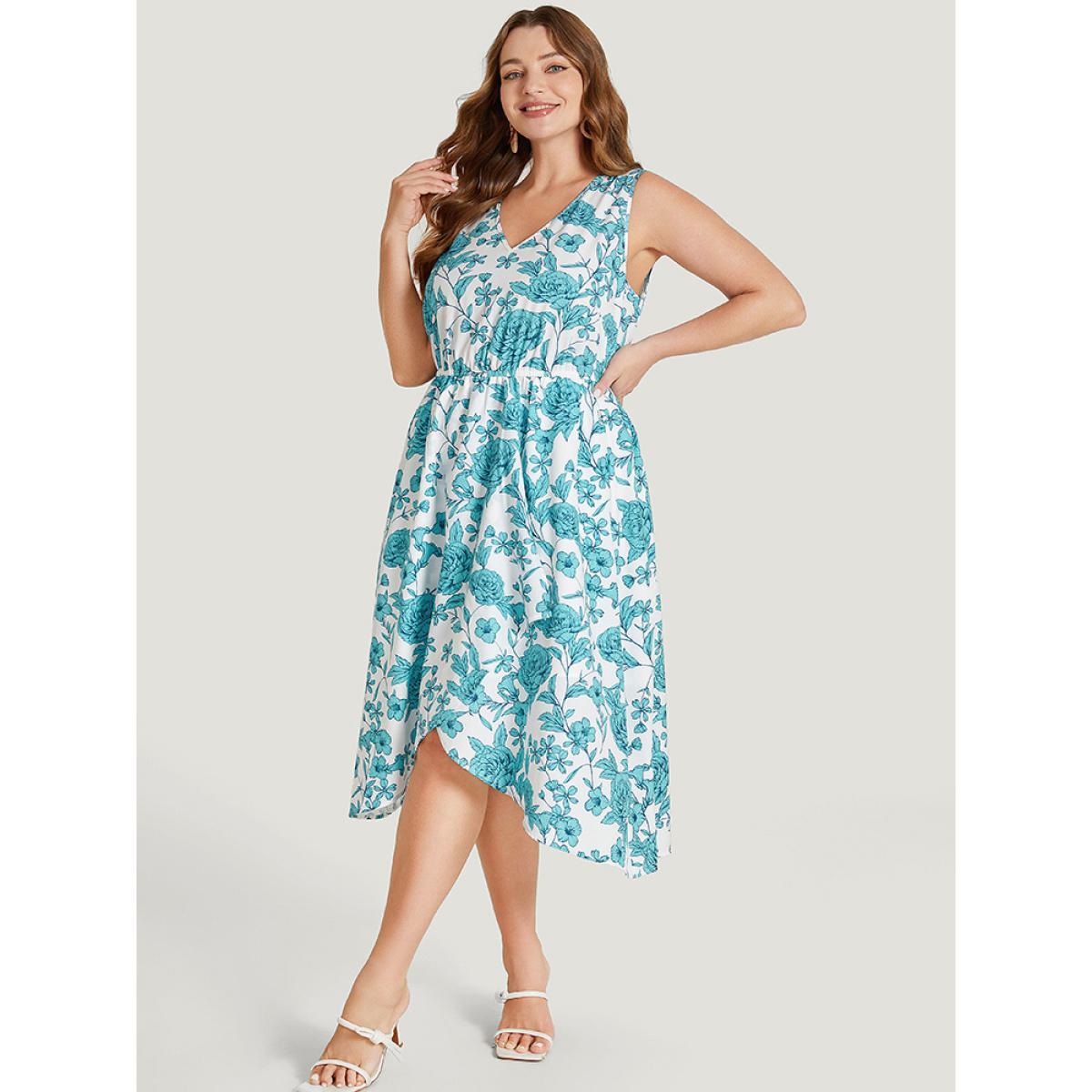 Plus Size Floral Print Pocket V Neck Asymmetrical Hem Tank Dress Teal Women Elegant Lined V-neck Sleeveless Curvy Midi Dress BloomChic 26/4X Product Image