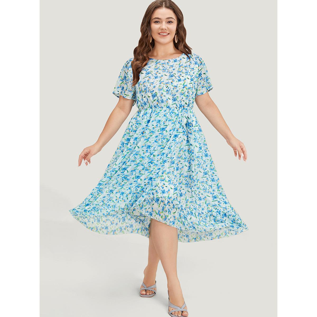 Plus Size Allover Print Crew Neck Knot Front Pocket Ruffle Trim Dress LightBlue Women Elegant Lined Round Neck Short sleeve Curvy Midi Dress BloomChic 18-20/2X Product Image