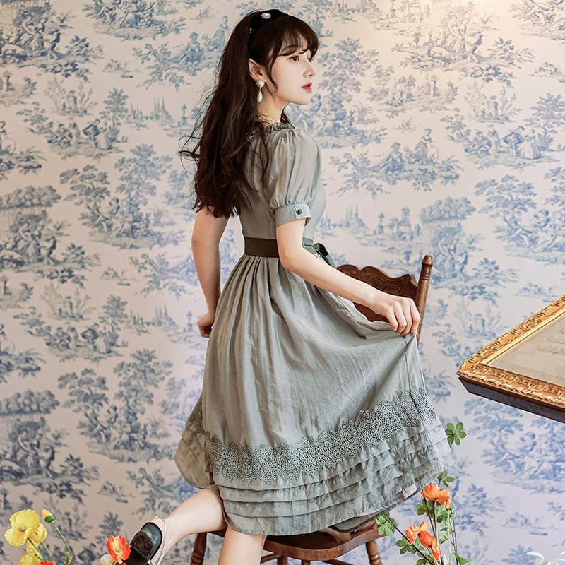 Short-Sleeve Square Neck Frill Trim Midi A-Line Dress Product Image