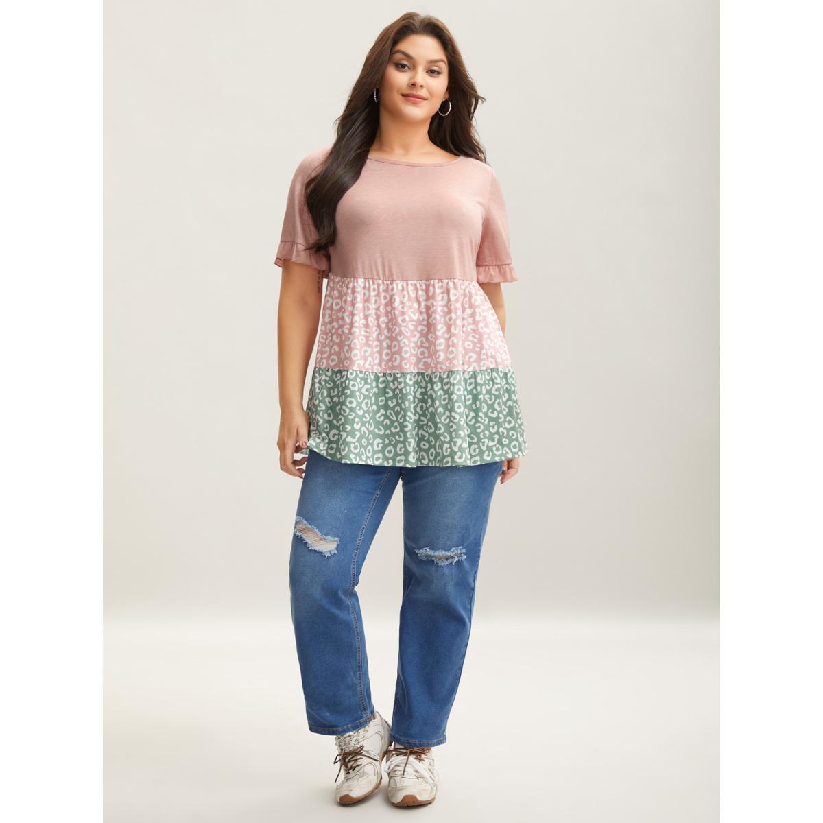 Plus Size Spliced Printed Tiered Ruffled Sleeve T-Shirt Multicolor Women Casual Gathered Round Neck Everyday T-shirts BloomChic 18-20/2X Product Image
