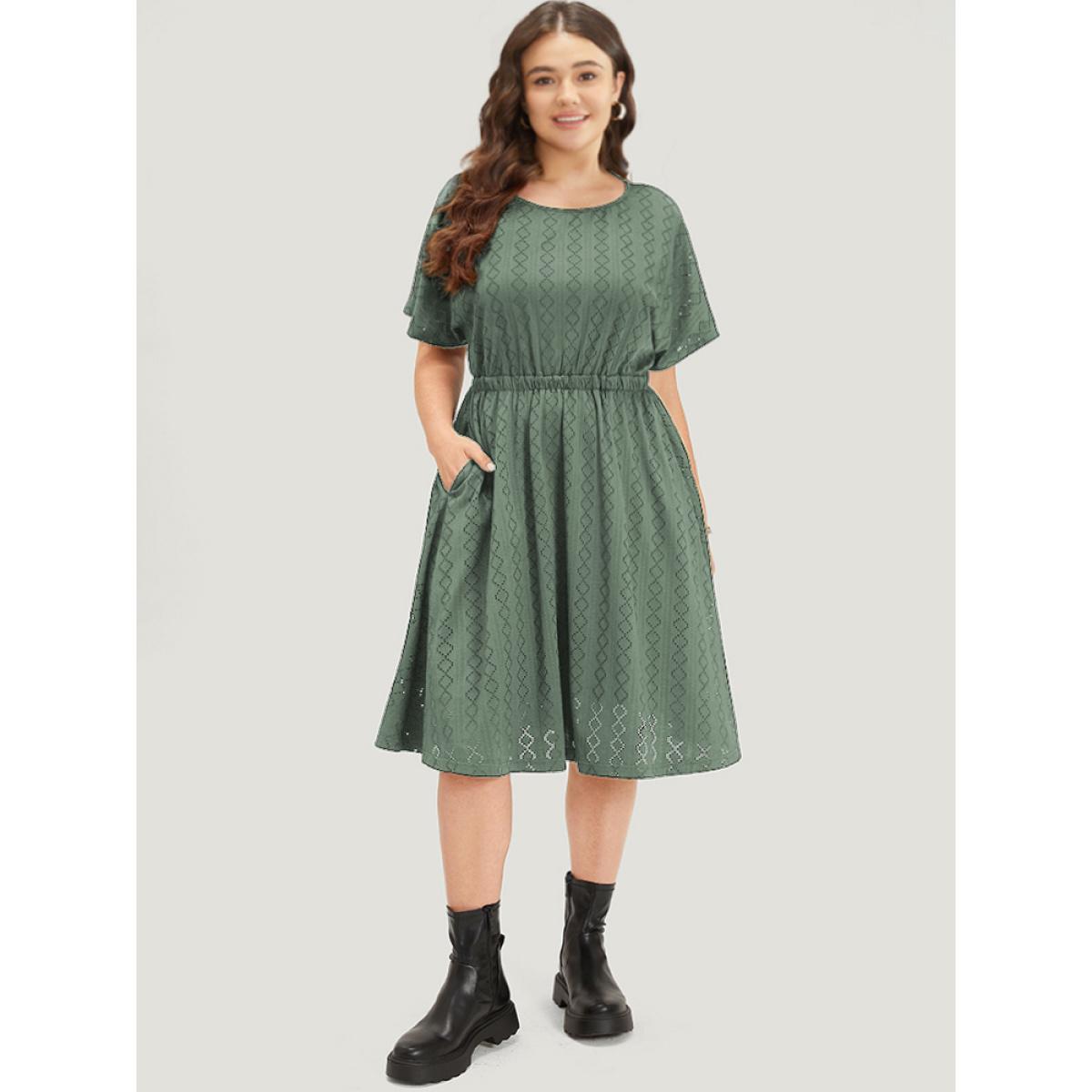 Plus Size Plain Geo Eyelet Batwing Sleeve Elastic Waist Dress Mint Women Casual Texture Round Neck Short sleeve Curvy Midi Dress BloomChic 10/M Product Image