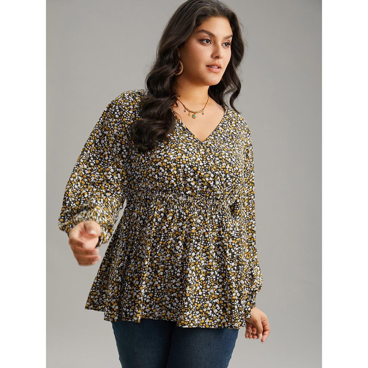 Plus Size Black Ditsy Floral Lantern Sleeve Shirred Blouse Women Elegant Long Sleeve V-neck Dailywear Blouses BloomChic 14-16/1X Product Image