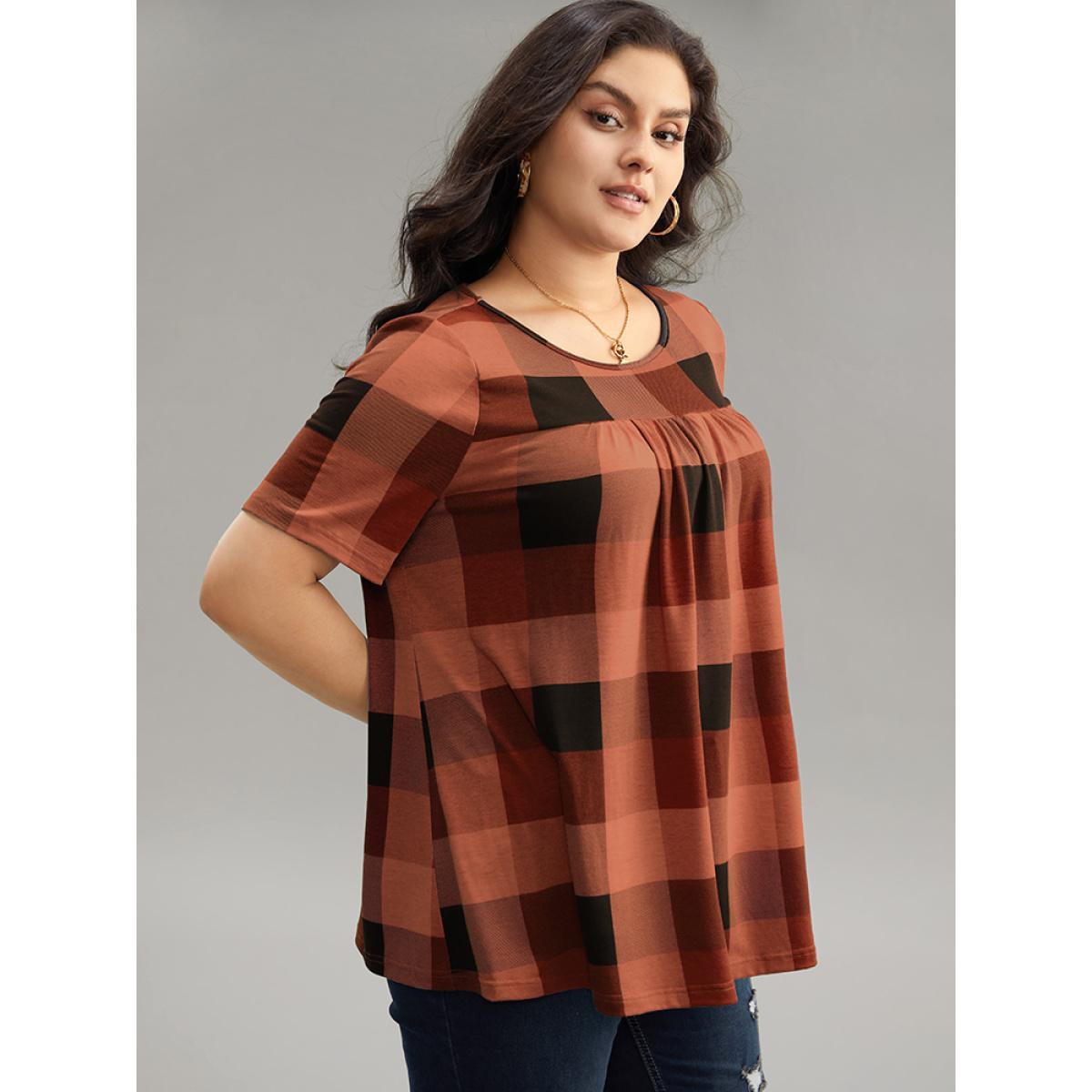 Plus Size Plaid Round Neck Gathered T-shirt Red Women Casual Gathered Plaid Round Neck Everyday T-shirts BloomChic 14-16/1X Product Image