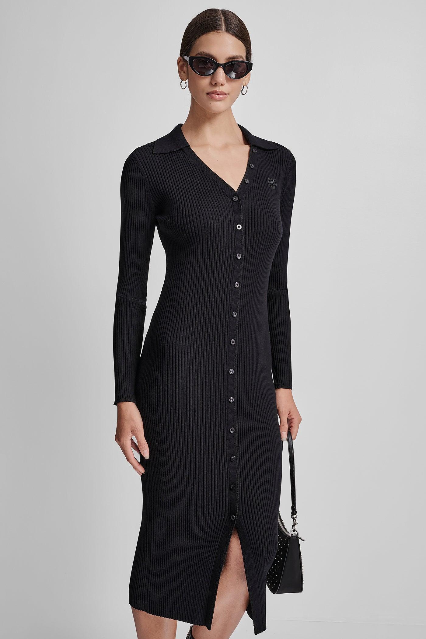 LONG SLEEVE RIB POLO MIDI DRESS WITH BRIGHT RAYON Product Image