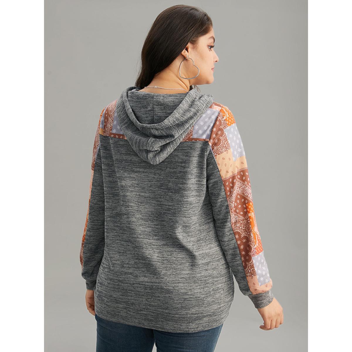 Plus Size Boho Print Contrast Heather Hooded Sweatshirt Women DimGray Casual Contrast Hooded Dailywear Sweatshirts BloomChic 14-16/1X Product Image