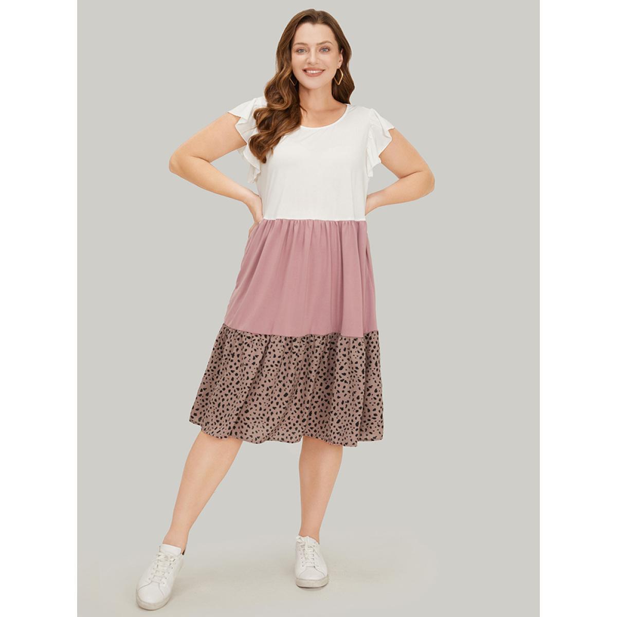 Plus Size Leopard Contrast Ruffle Trim Pocket Layered Hem Dress Multicolor Women Casual Patchwork Round Neck Cap Sleeve Curvy Midi Dress BloomChic 14-16/1X Product Image