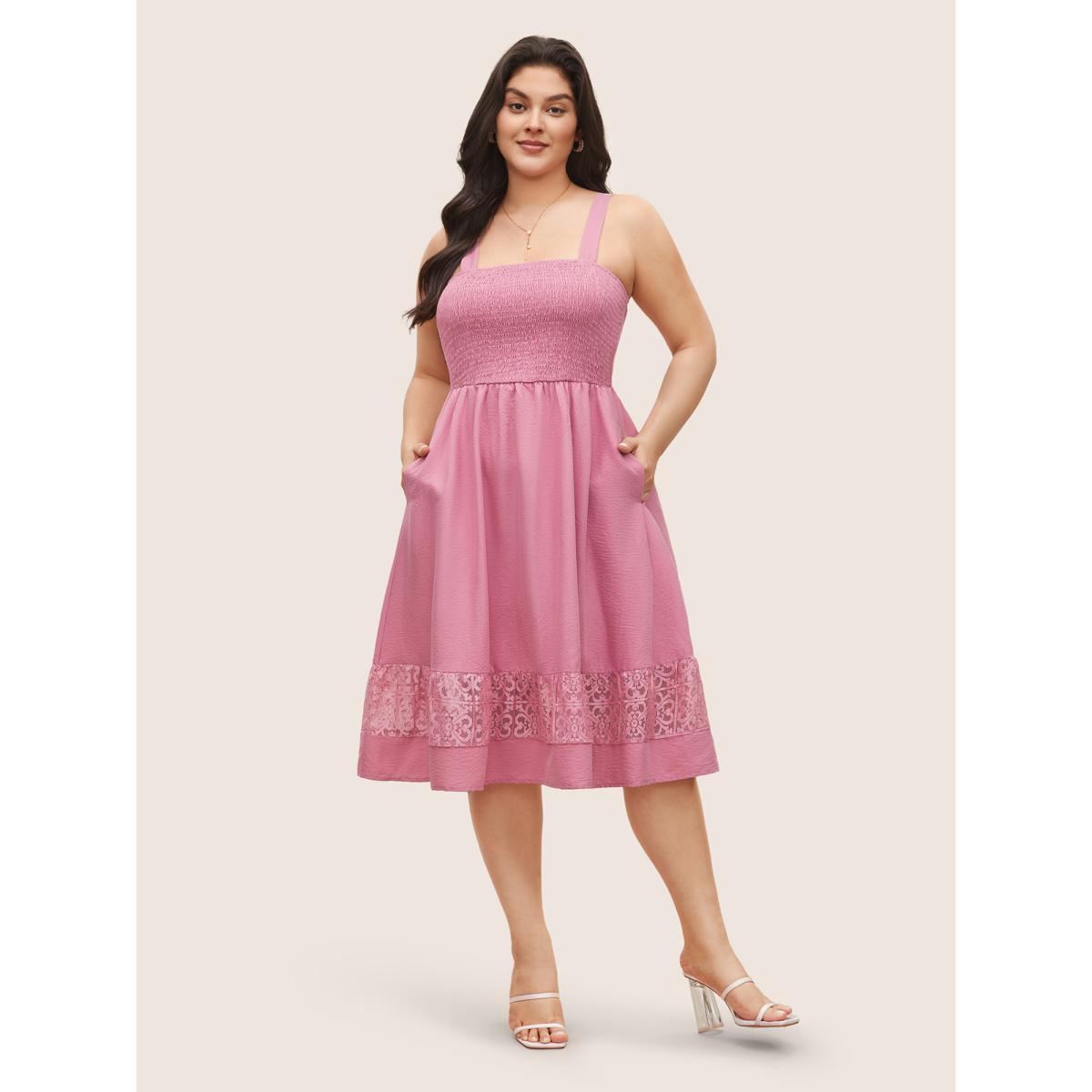 Plus Size Solid Shirred Pocket Contrast Lace Cami Dress Pink Women Elegant Non Non Sleeveless Curvy Midi Dress BloomChic 26/4X Product Image