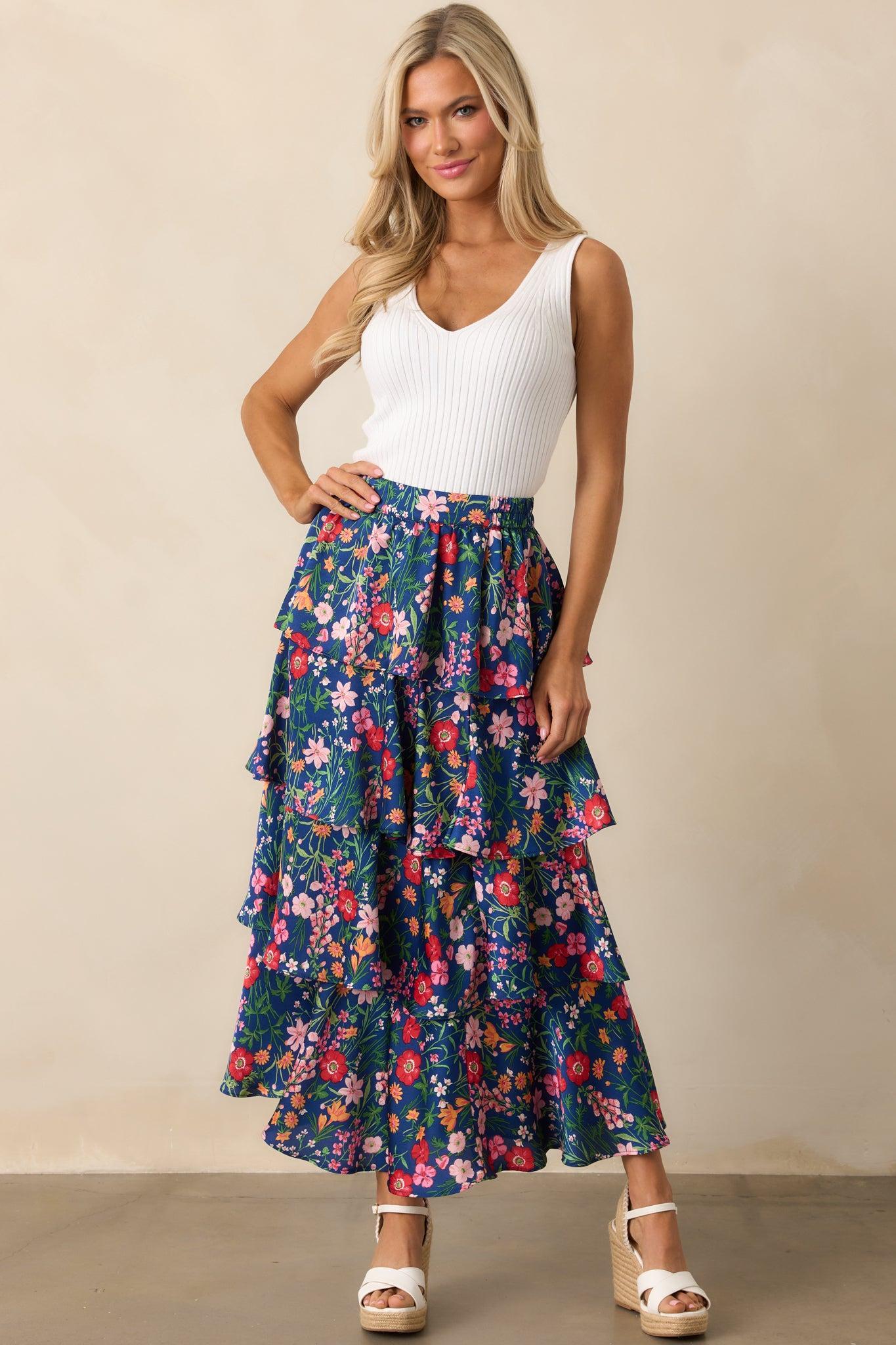 All The Right Things Navy Floral Tiered Maxi Skirt Product Image