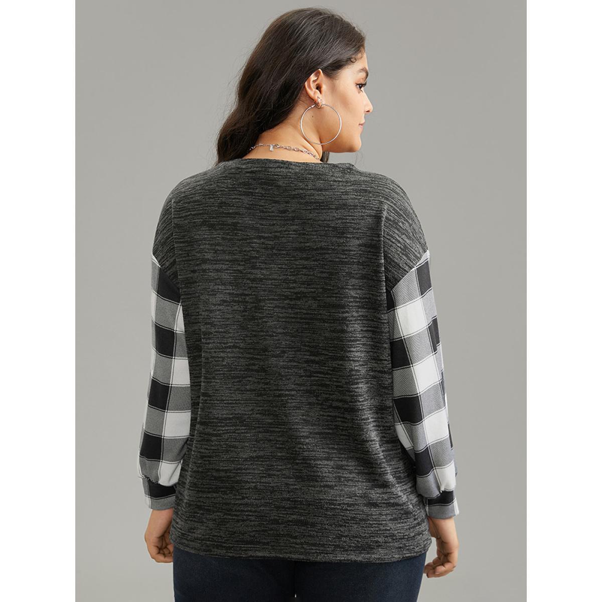 Plus Size Plaid Patchwork Heather Notched Sweatshirt Women Black Casual Contrast Notched collar Dailywear Sweatshirts BloomChic 12/L Product Image