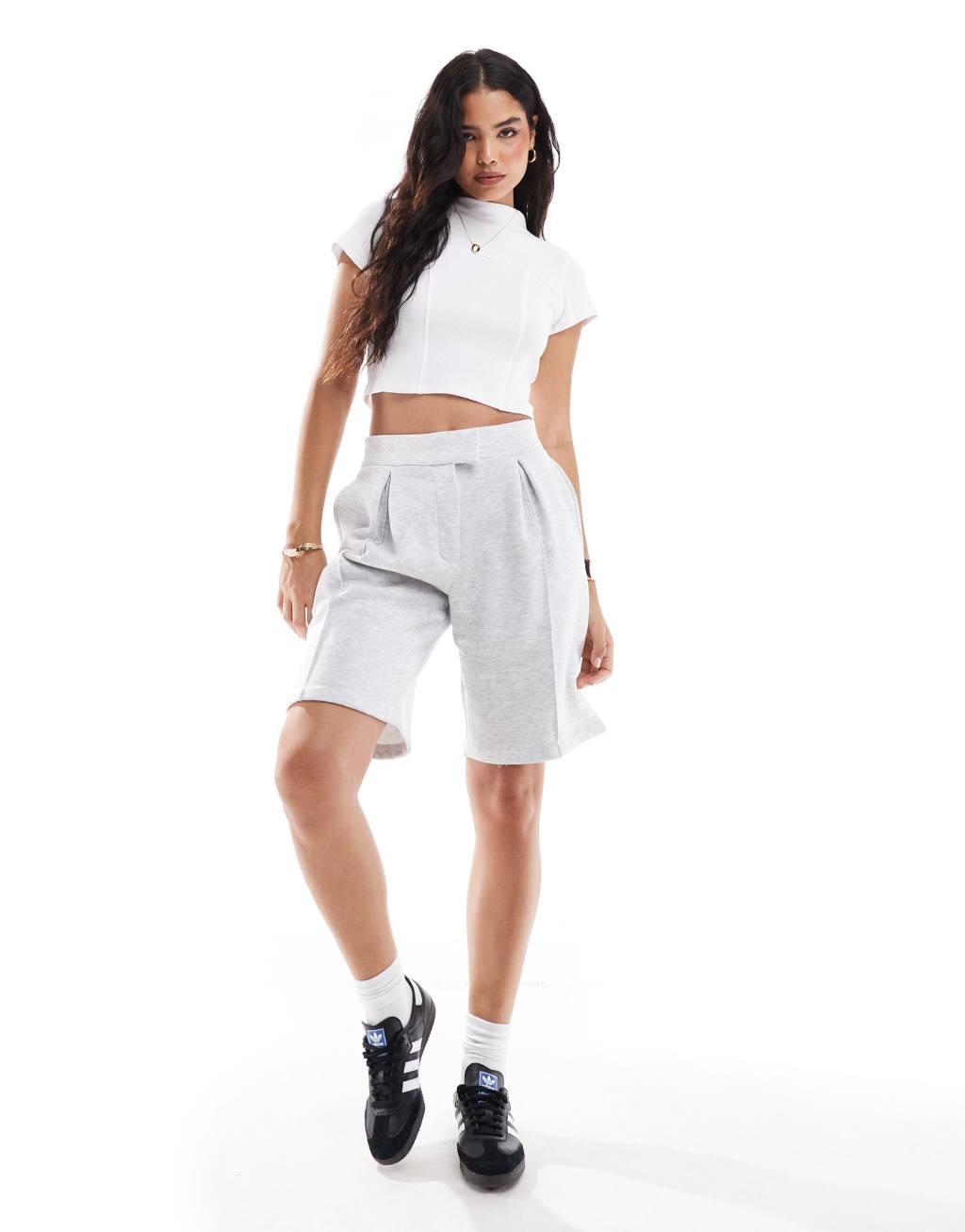 Pieces ribbed racer neck seam detail t-shirt in white Product Image