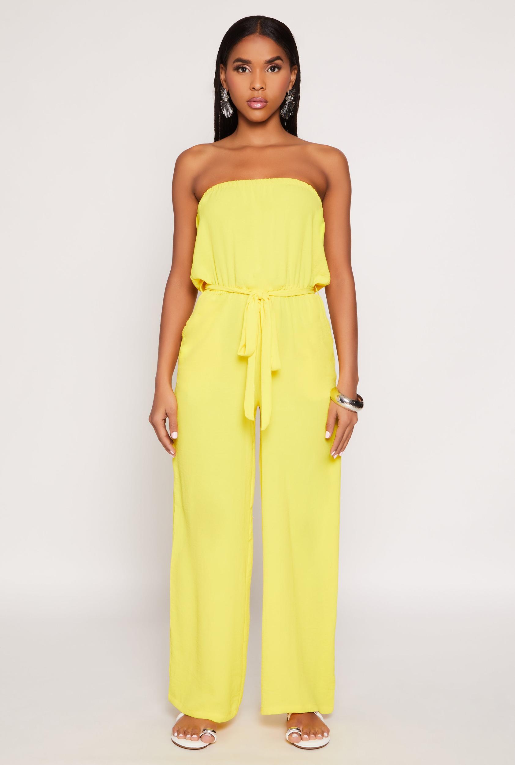 Womens Crepe Knit Tie Waist Strapless Jumpsuit Product Image