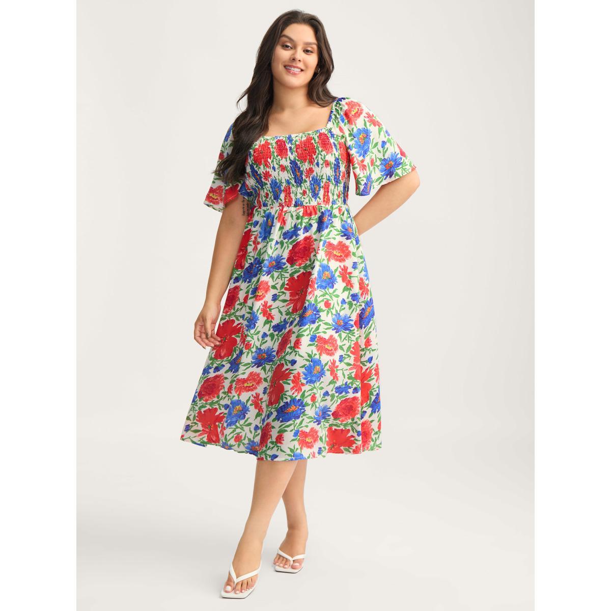 Plus Size Sunkissed Floral Shirred Pockets Midi Dress Multicolor Women Shirred Square Neck Short sleeve Curvy BloomChic 22-24/3X Product Image