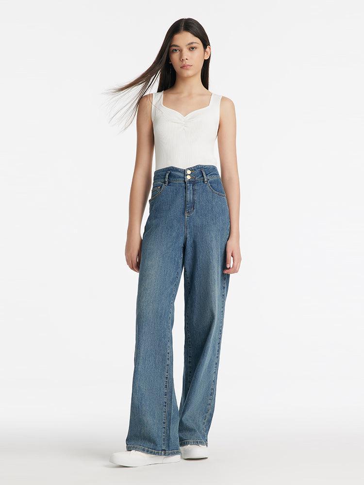 High-Waisted Loose Straight Full Length Women Jeans Product Image
