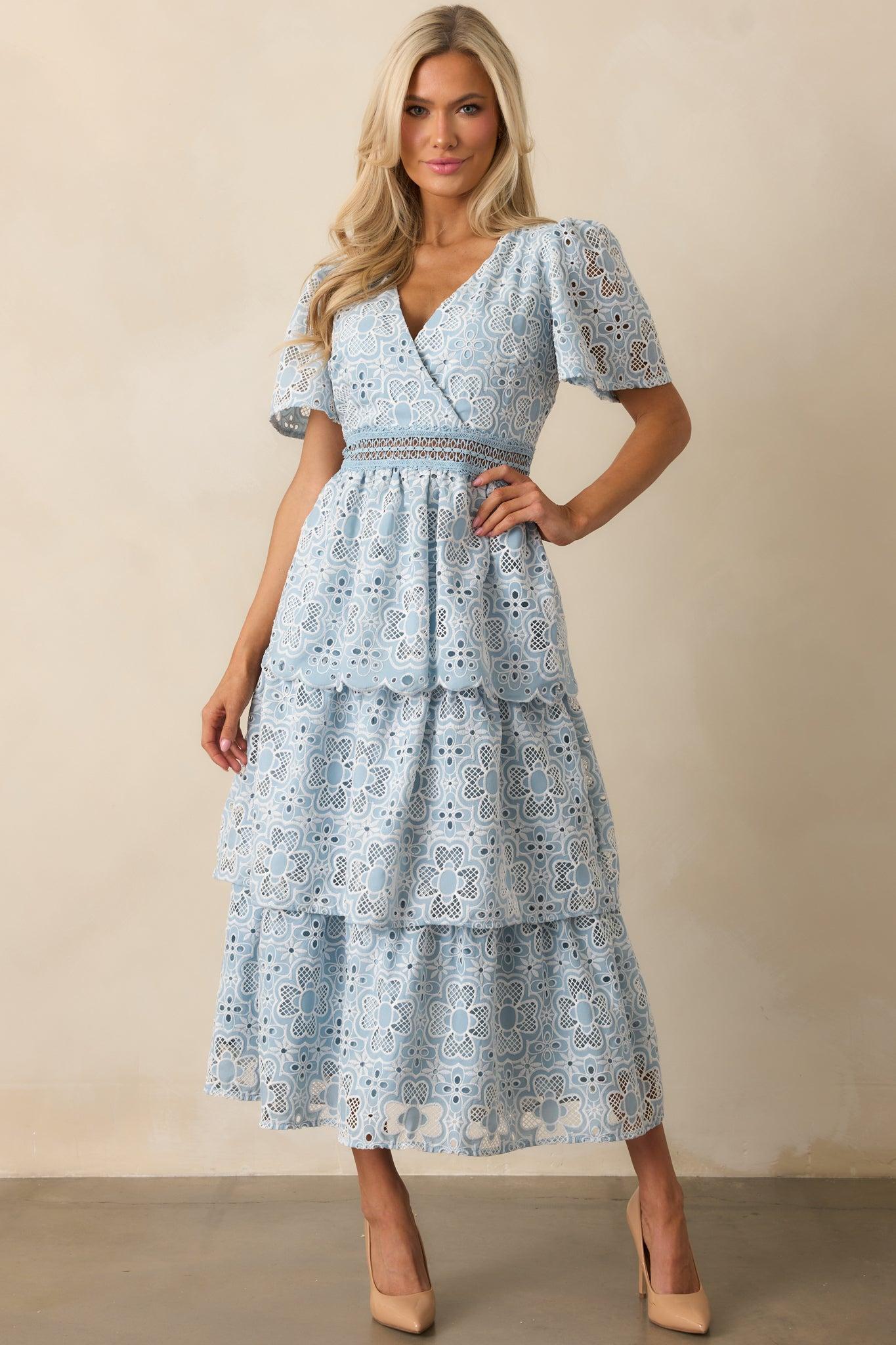Attending A Gala Blue Floral Embroidered Maxi Dress Product Image