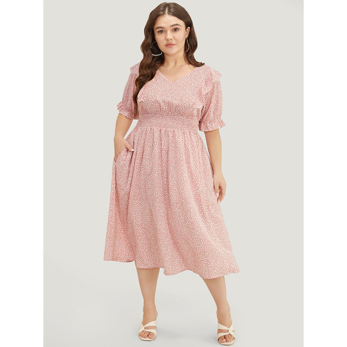 Plus Size Leopard Ruffle Trim Pocket Shirred Puff Sleeve Dress DustyPink Women Elegant Lined V-neck Short sleeve Curvy Midi Dress BloomChic 18-20/2X Product Image