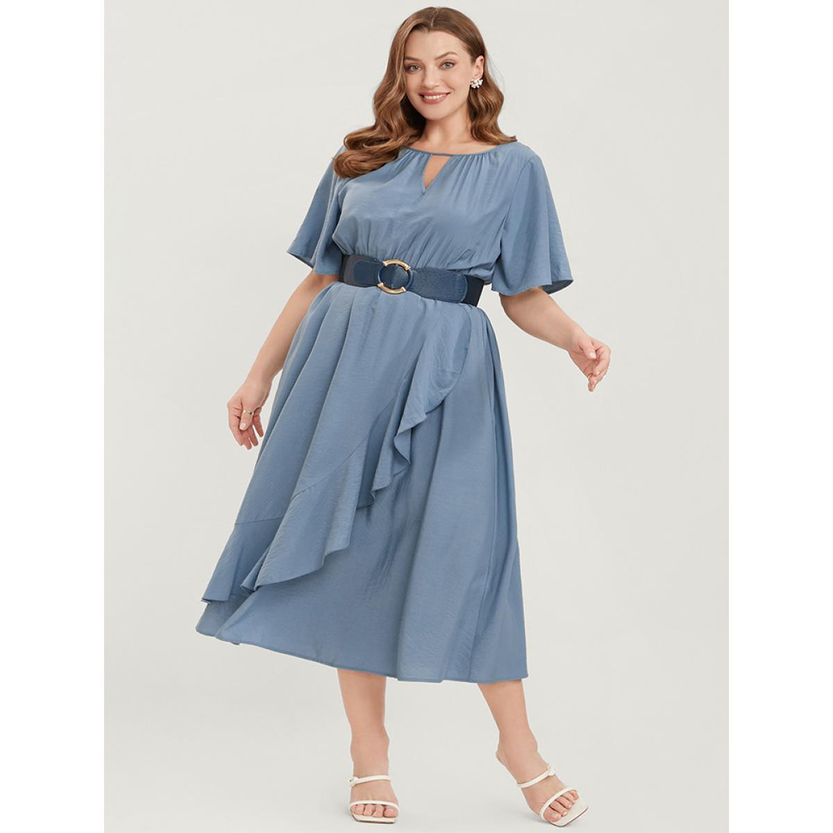 Plus Size Solid Keyhole Round Neck Pocket Ruffle Trim Rib Knit Dress Stone Women Elegant Cut-Out V-neck Short sleeve Curvy Midi Dress BloomChic 14-16/1X Product Image