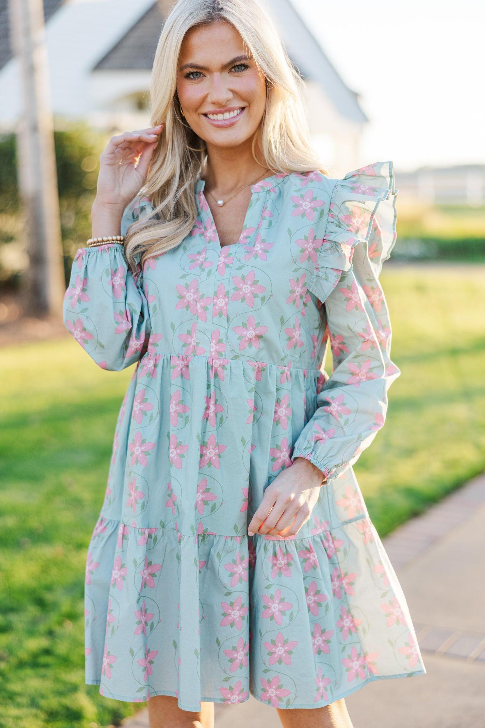 At This Time Light Blue Floral L/S Babydoll Dress Female Product Image