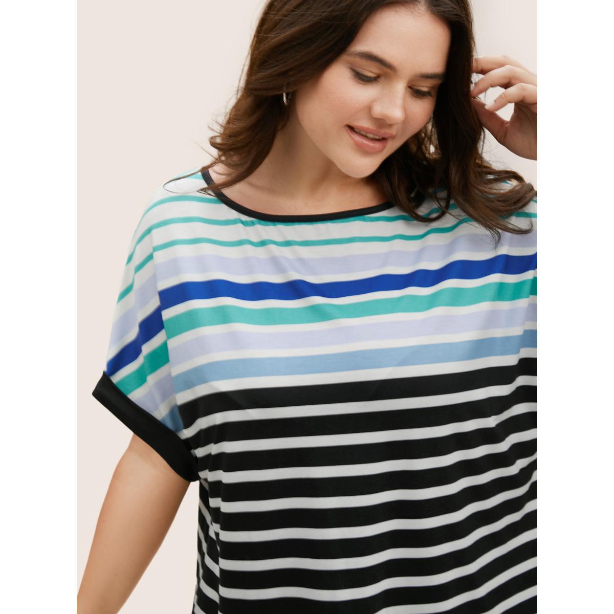 Plus Size Colored Striped Boat Neck Batwing Sleeve T-shirt Black Women Casual Contrast Boat Neck Everyday T-shirts BloomChic 12/L Product Image