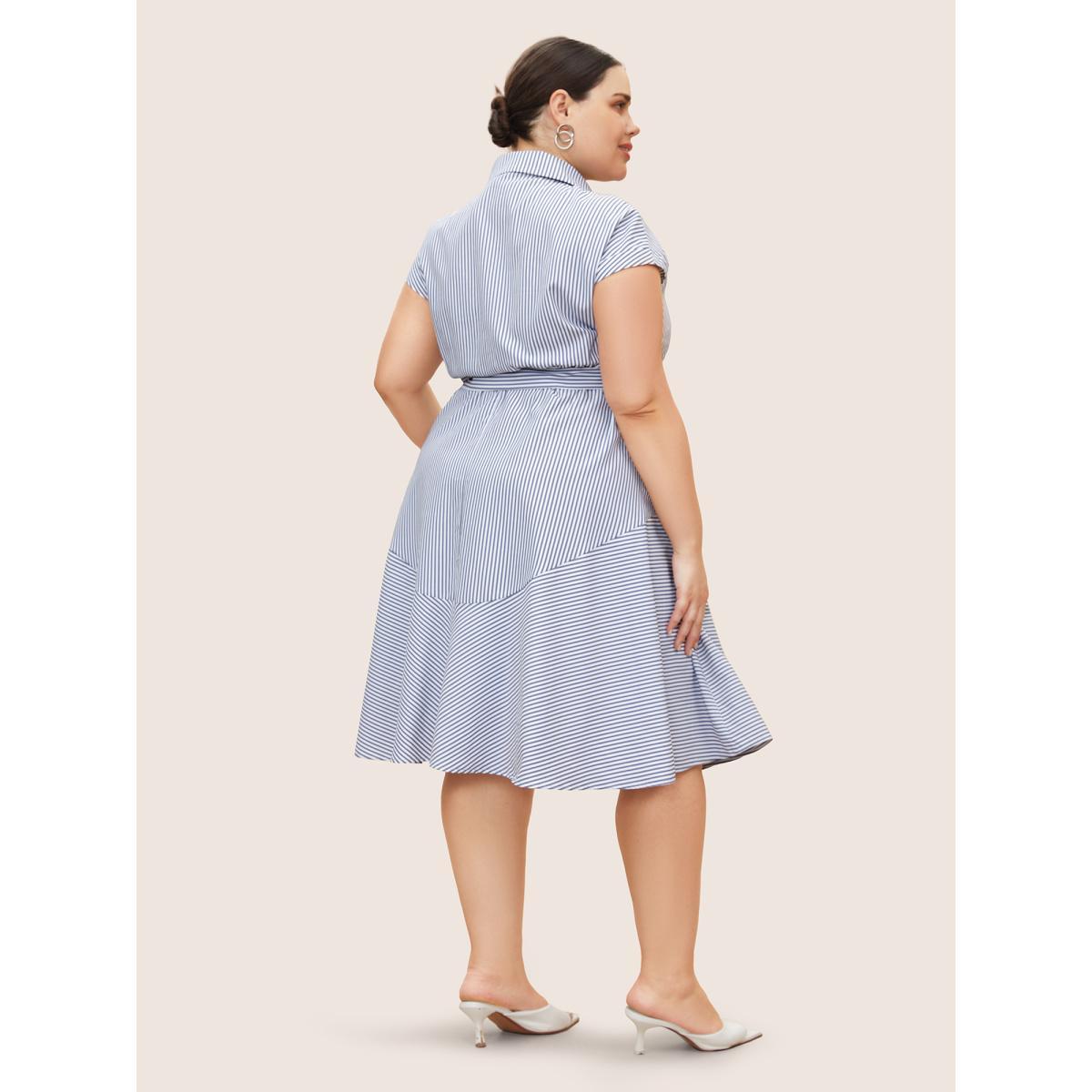 Plus Size Shirt Collar Striped Cap Sleeve Dress SlateGray Women At the Office Belted Shirt collar Sleeveless Curvy BloomChic 22-24/3X Product Image