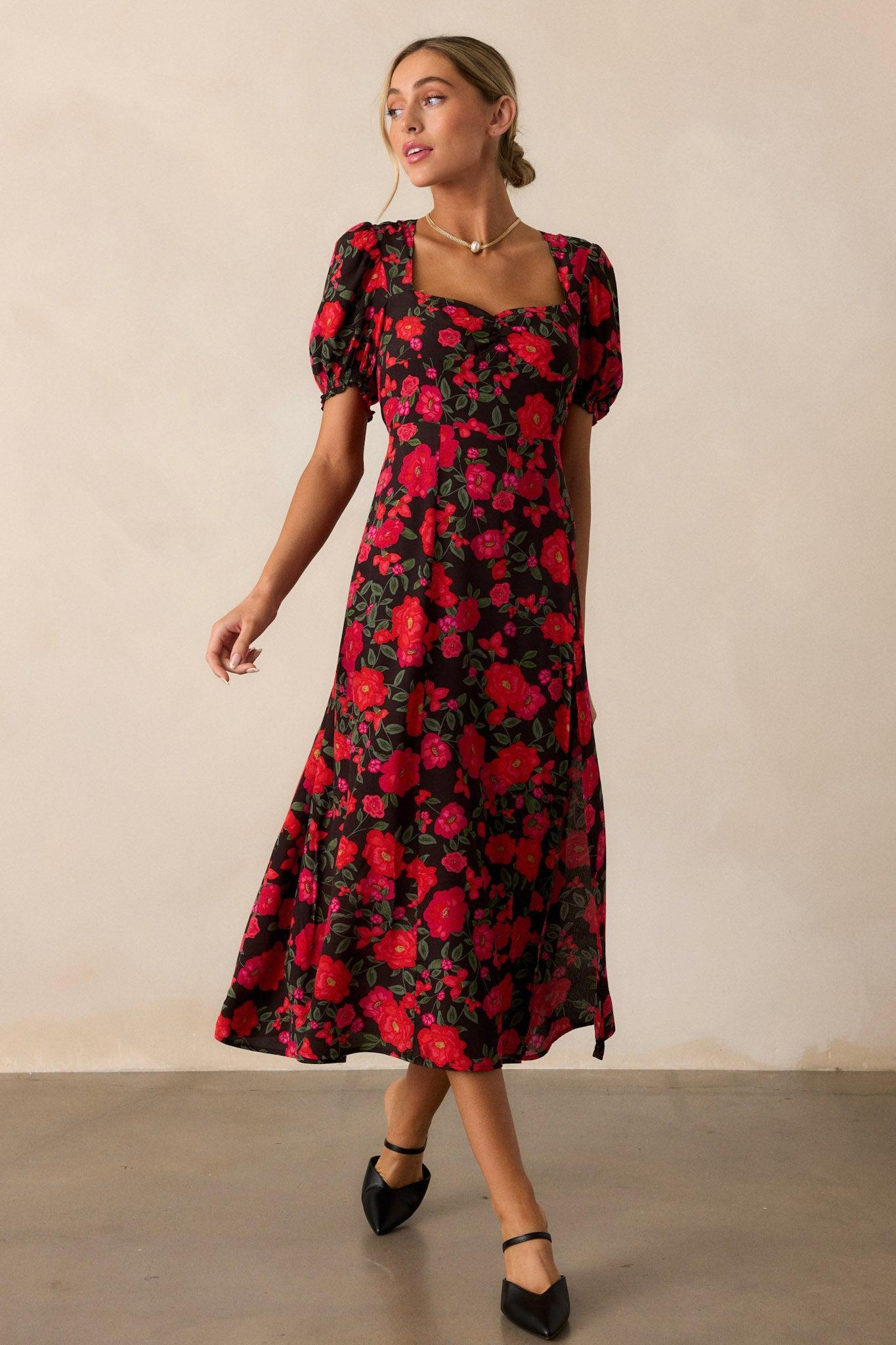 All Eyes On You Red Floral Puff Sleeve Midi Dress Product Image