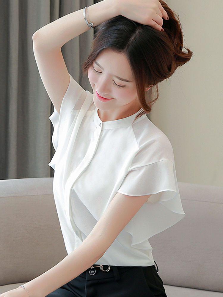 Flutter Sleeve Band Collar Plain Chiffon Shirt Product Image