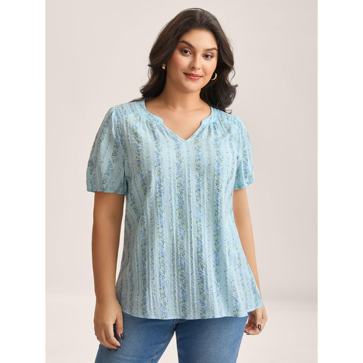 Plus Size LightBlue Cotton Floral Print Notched Collar Blouse Women Short sleeve Flat collar Everyday-Elegant Blouses BloomChic 30/6X Product Image