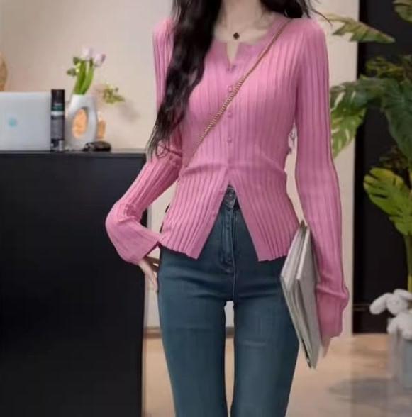 Long-Sleeve Notch Neck Plain Ribbed Button Knit Top Product Image