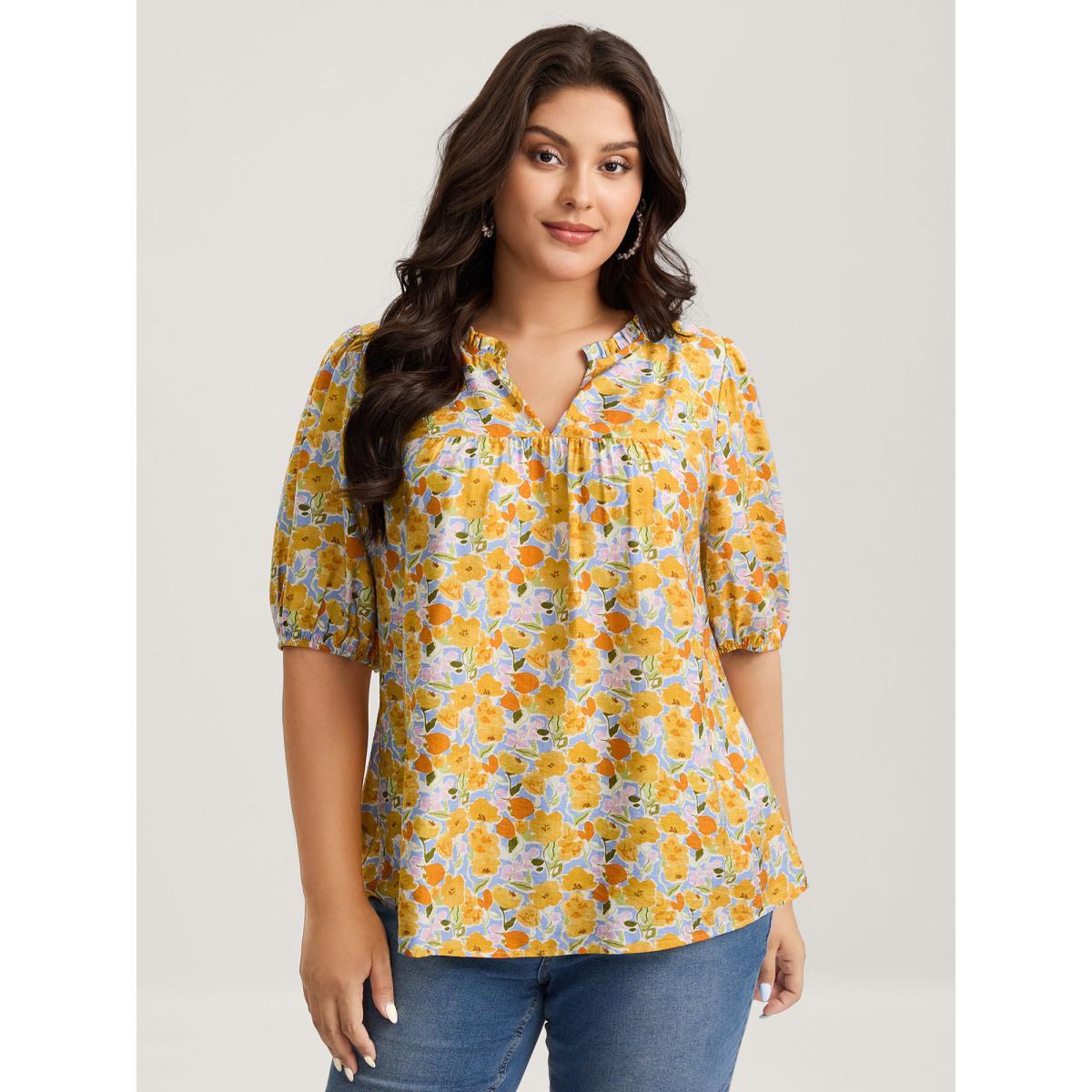 Plus Size LightBlue Rayon Ruffled Notched Collar Blouse Women Half Sleeve Notched collar Everyday-Elegant Blouses BloomChic 30/6X Product Image
