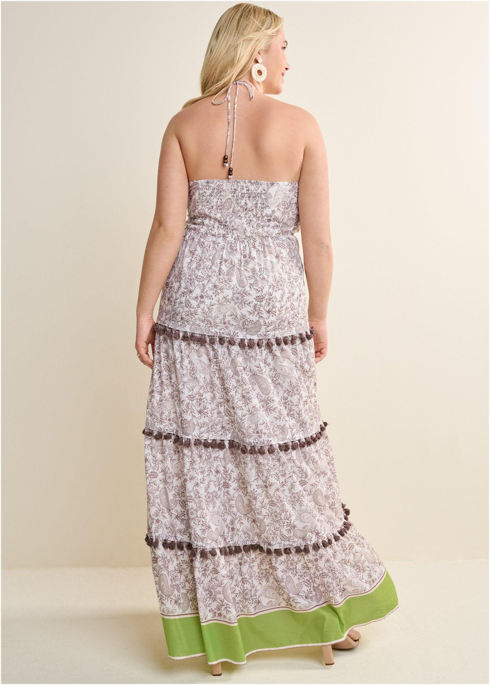 Tiered Tassel Maxi Dress - Brown & Green Product Image