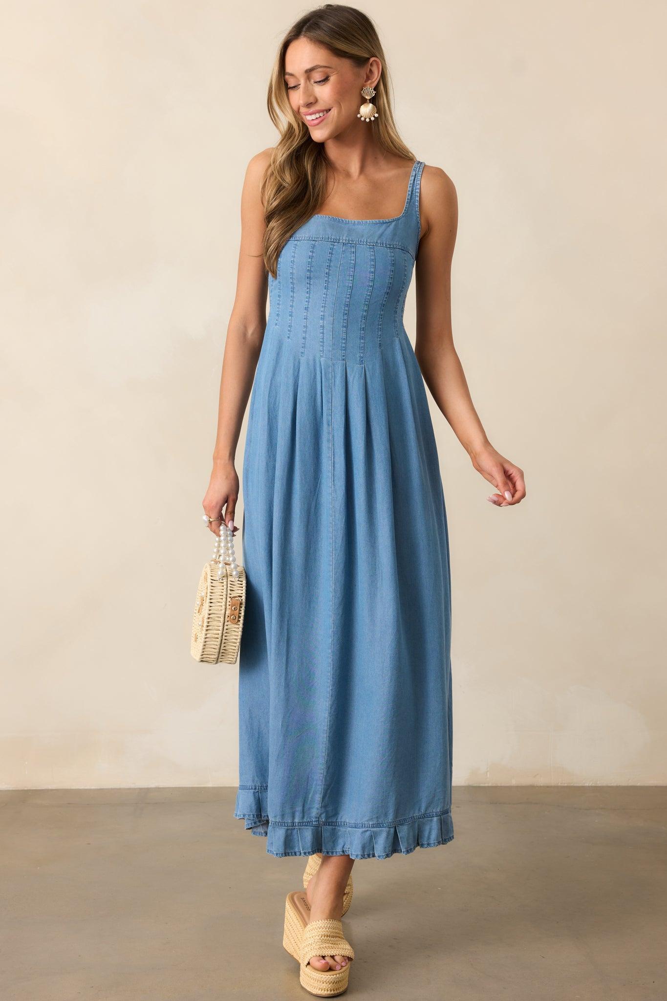 Cascading Echoes Blue Chambray Maxi Dress Product Image