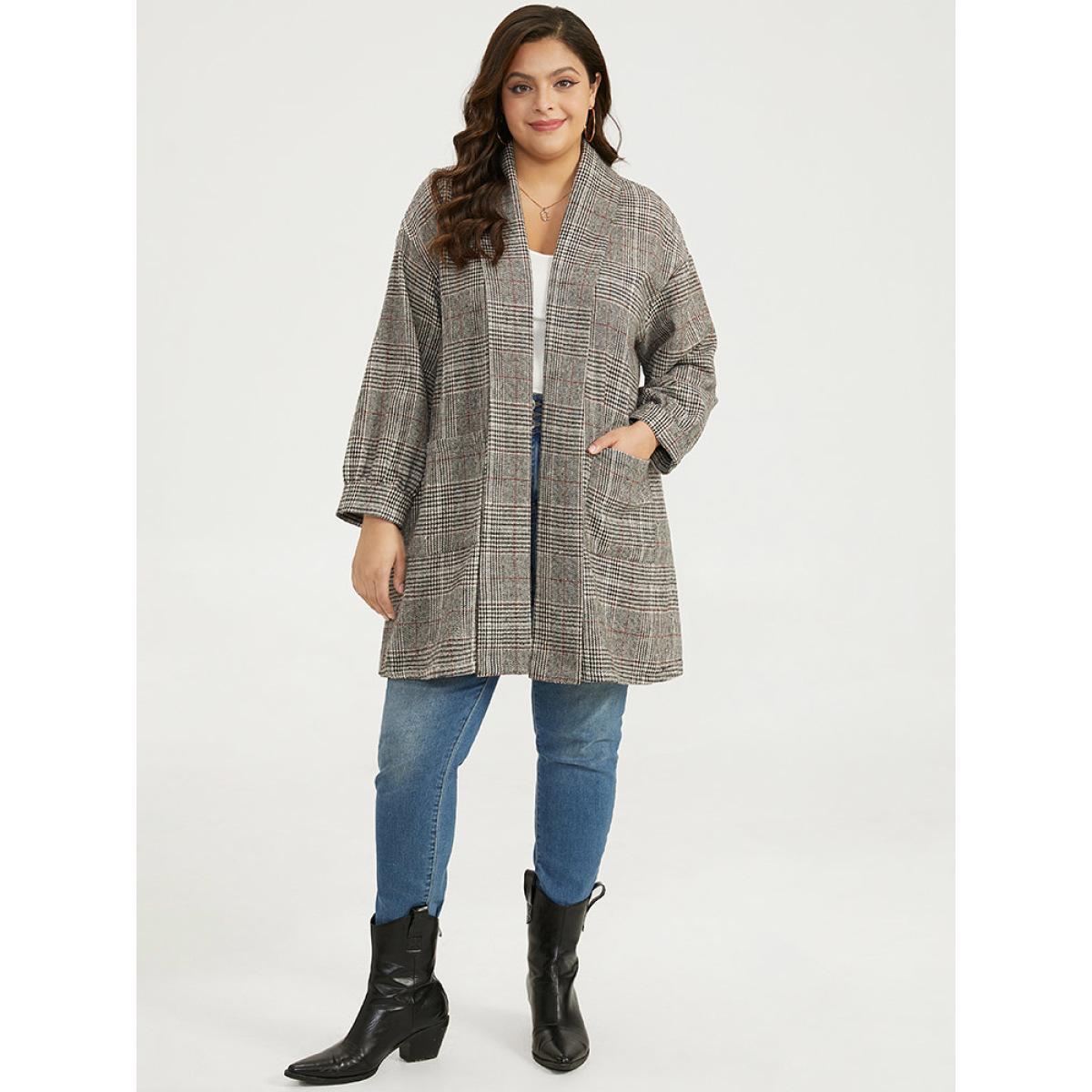 Plus Size Plaid Lapel Collar Patched Pocket Coat Women Tan Casual Texture Ladies Dailywear Winter Coats BloomChic 18-20/2X Product Image