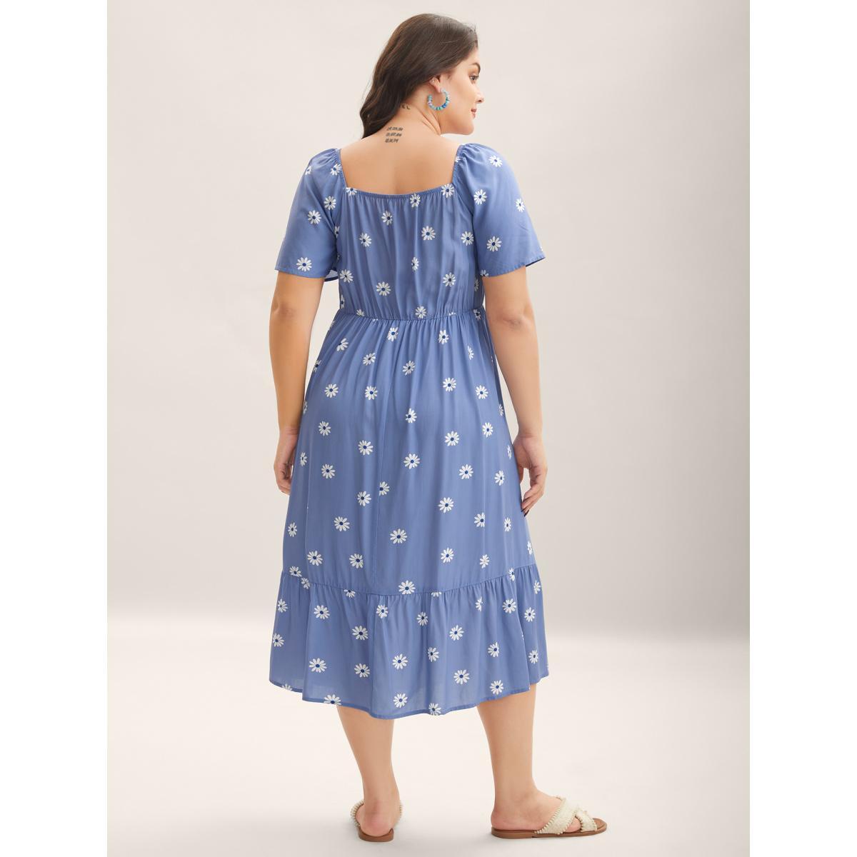 Plus Size Rayon Floral Shirred Midi Dress Mediumblue Women Square Neck Short sleeve Curvy BloomChic 22-24/3X Product Image
