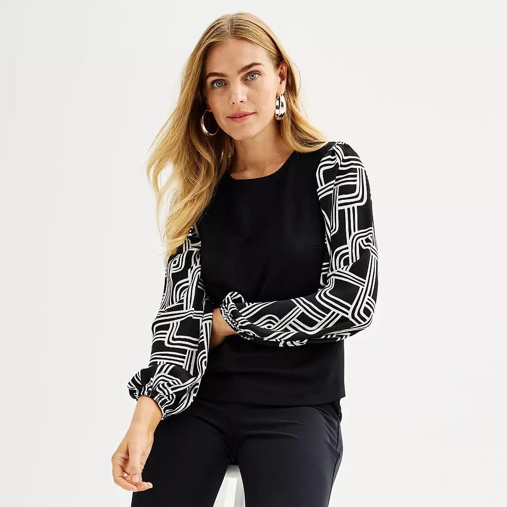Women's Nine West Puff-Sleeve Mixed Media Top, Size: Medium, Black Product Image