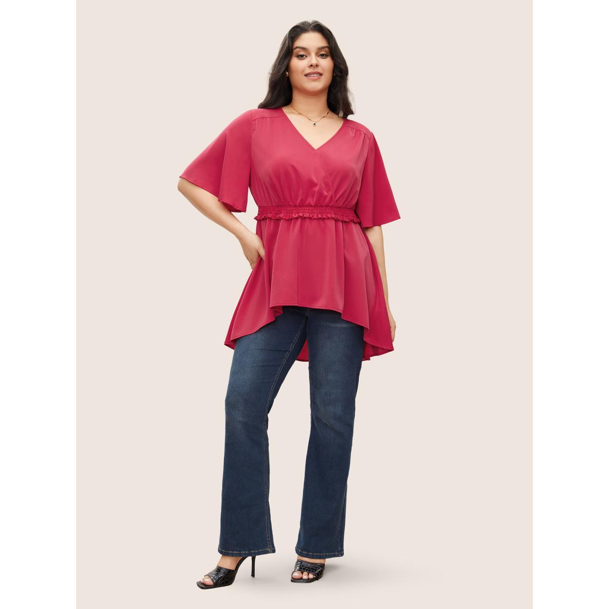 Plus Size Red Solid Surplice Neck Shirred Frill Trim Blouse Women Elegant Short sleeve Overlap Collar Everyday Blouses BloomChic 28/5X Product Image