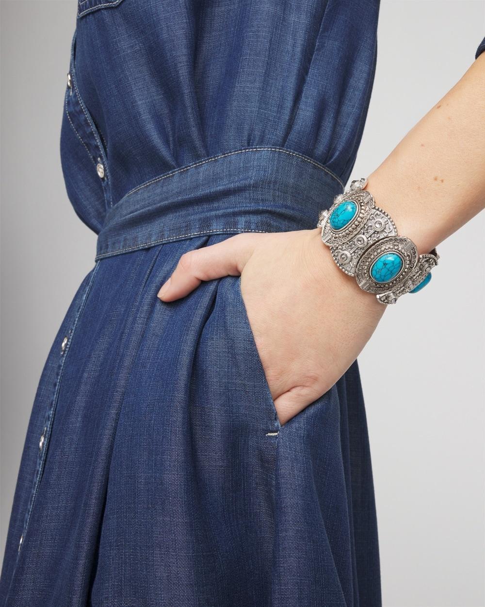 Blue & Silver Tone Stretch Cuff Bracelet Product Image