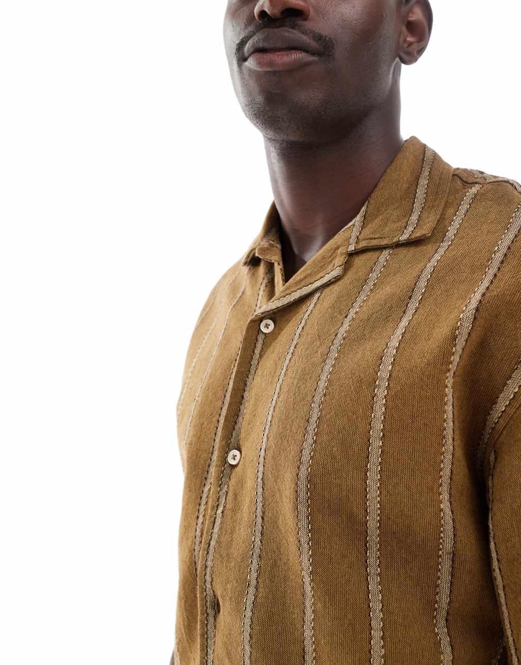 Pull&bear short sleeve striped shirt in khaki Product Image