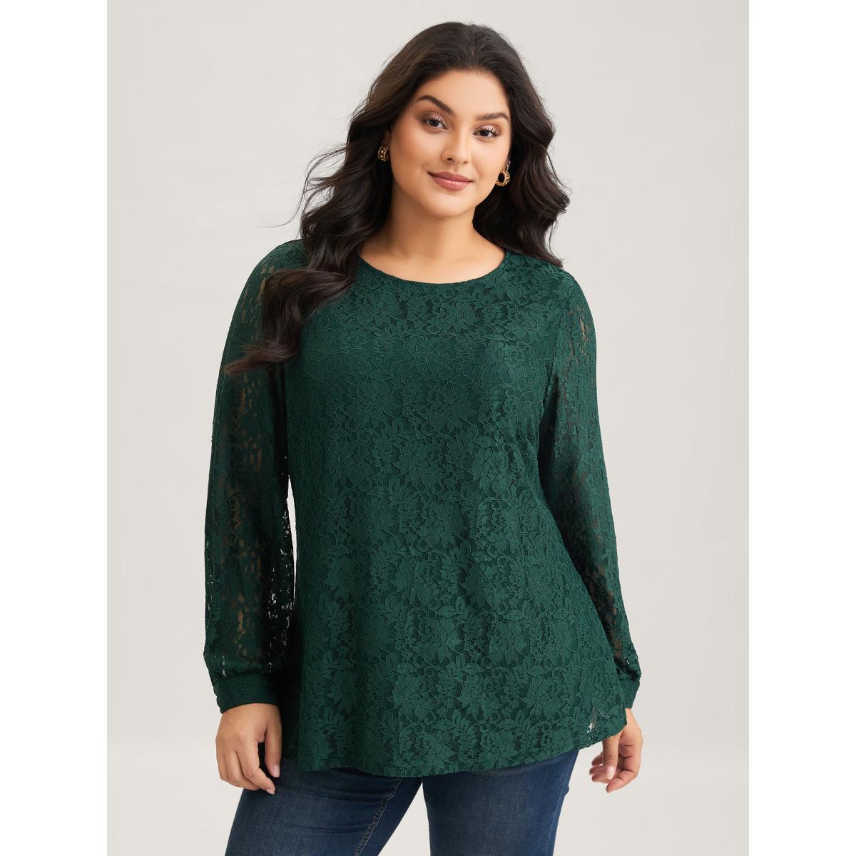 Plus Size Purple Solid Crochet Lace Mesh Crew Neck Blouse Women Cocktail Long Sleeve Round Neck Party Blouses BloomChic 26/4X Product Image