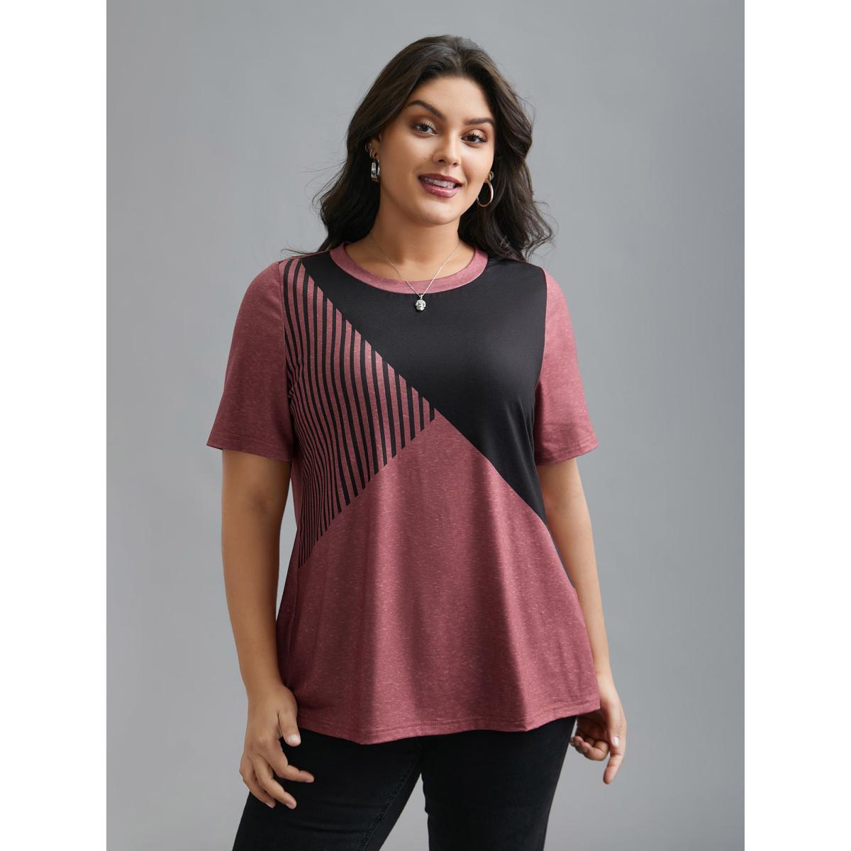 Plus Size Striped Print Contrast Stretchy T-Shirt Russet Women Casual Contrast Round Neck Everyday T-shirts BloomChic 10/M Product Image