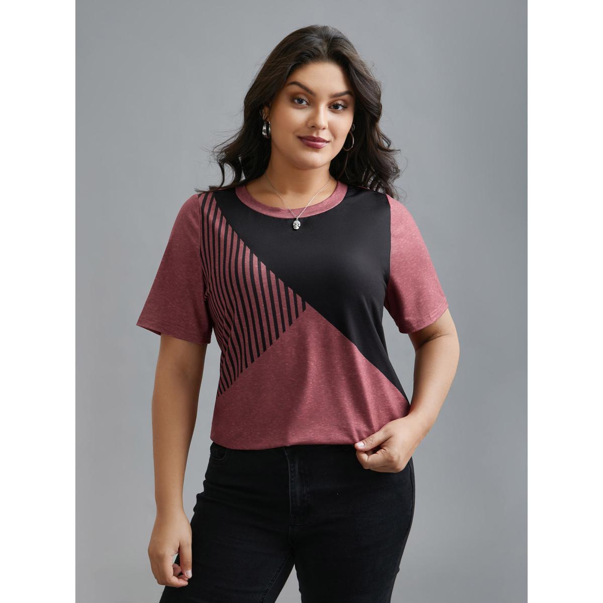Plus Size Striped Print Contrast Stretchy T-Shirt Russet Women Casual Contrast Round Neck Everyday T-shirts BloomChic 10/M Product Image