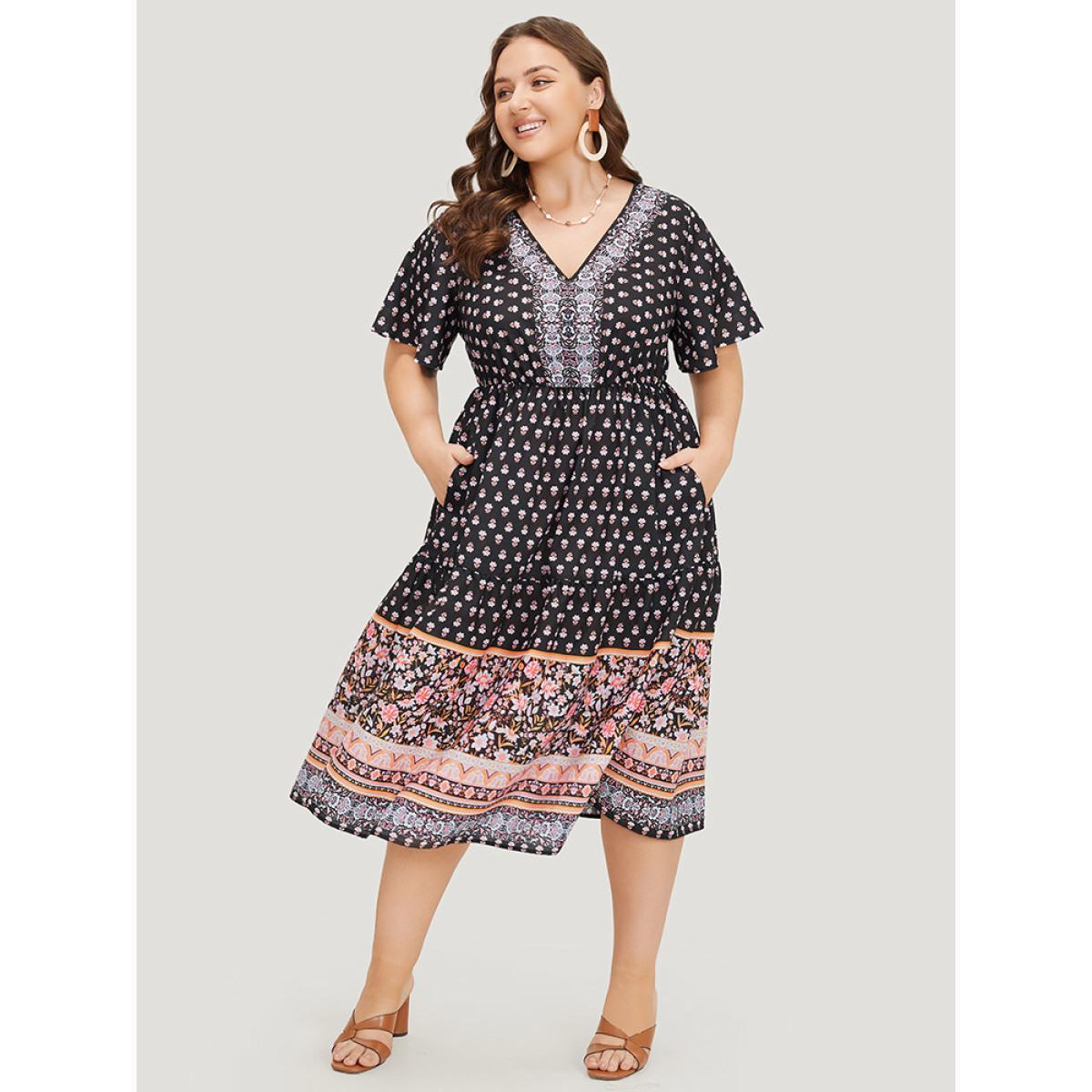 Plus Size Boho Print Contrast Gathered Pocket Ruffles Dress BlackFlower Women Vacation V-neck Short sleeve Curvy Midi Dress BloomChic 18-20/2X Product Image