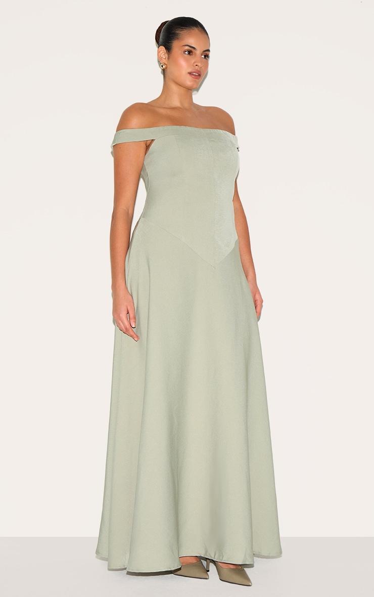Plus Sage Green Structured Bardot V Waist Maxi Dress Product Image