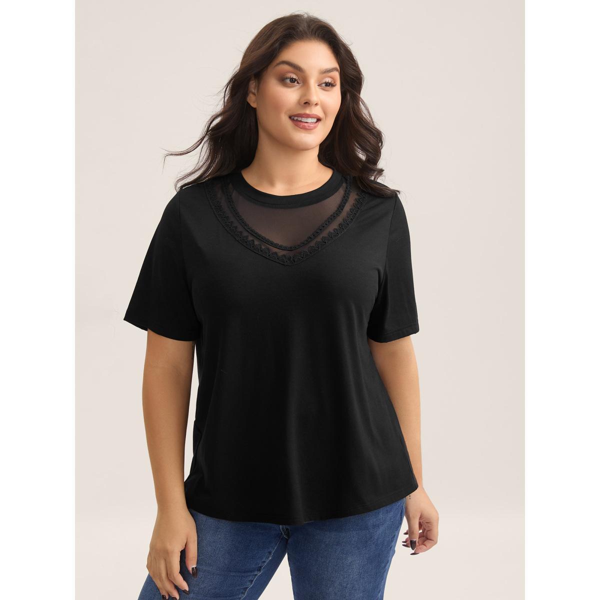 Plus Size Sheer Neck Solid Panel T-Shirt Black Women Woven ribbon&lace trim Round Neck Everyday-Casual T-shirts BloomChic 18-20/2X Product Image