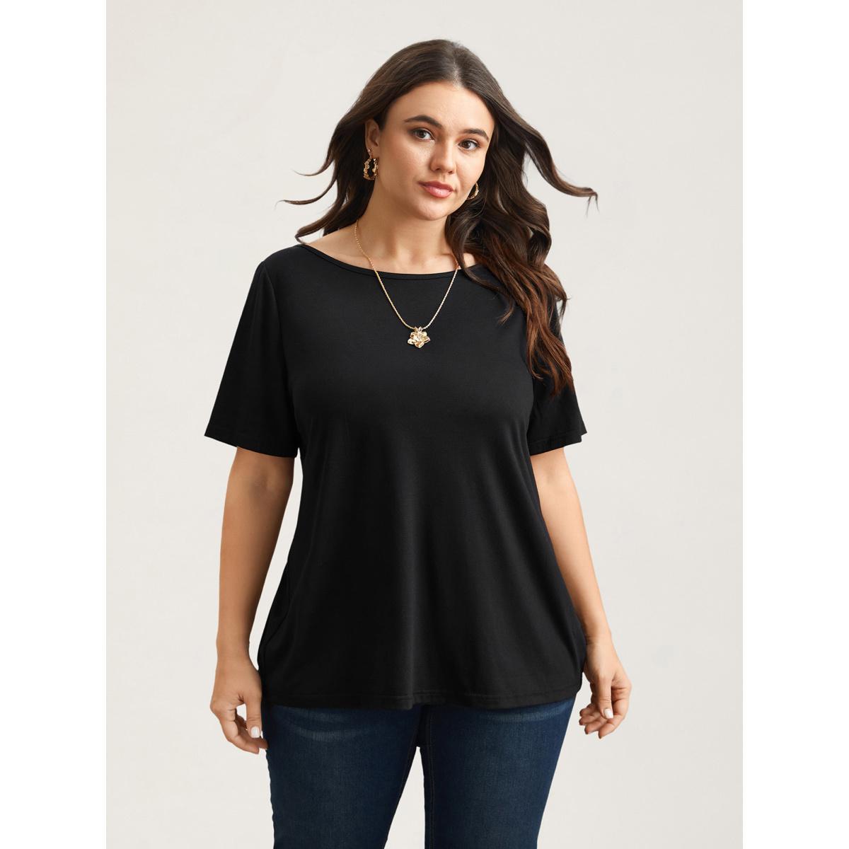 Plus Size Butterfly Back Stretchy Round Neck T-Shirt Black Women Elegant See through Round Neck Everyday T-shirts BloomChic 28/5X Product Image