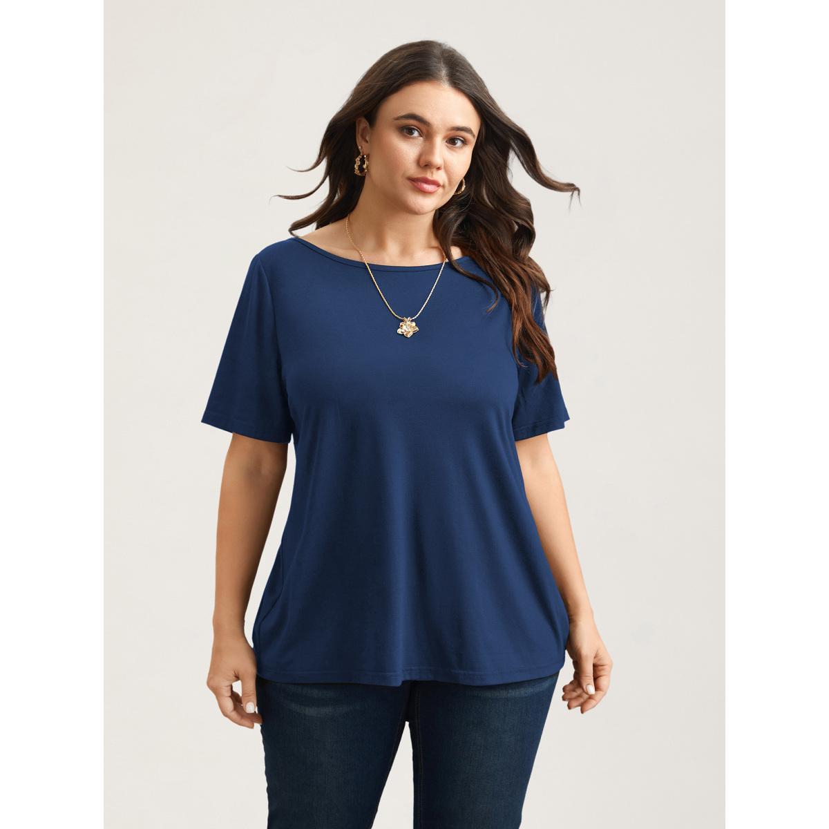 Plus Size Butterfly Back Stretchy Round Neck T-Shirt Indigo Women Elegant See through Round Neck Everyday T-shirts BloomChic 30/6X Product Image