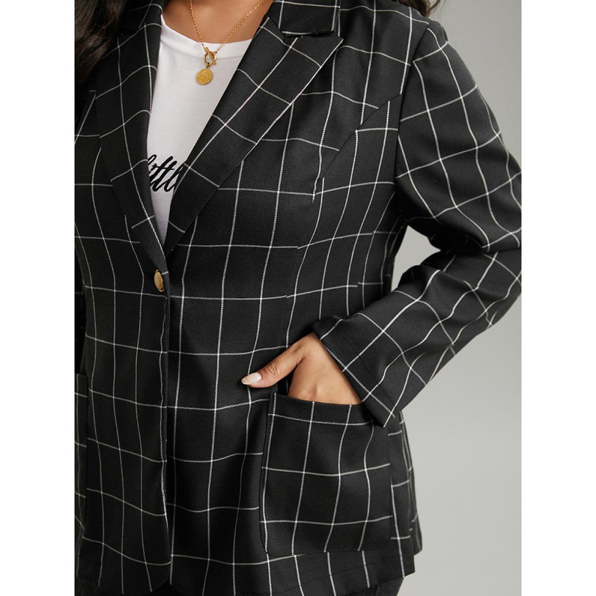 Plus Size Plaid Suit Collar Metal Detail Pocket Blazer Black Women Work Plaid Contrast Sleeve Long Sleeve Suit Collar 12/L Pocket Work From Home Blazers BloomChic Product Image