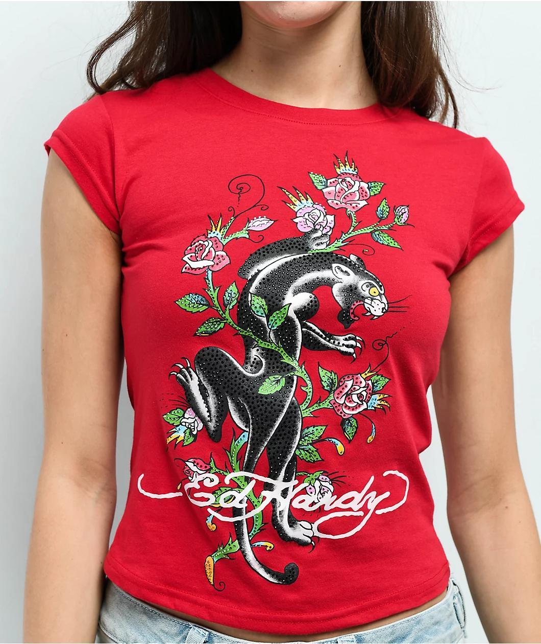 Ed Hardy Panther Rhinestone Cherry Crop T-Shirt Product Image